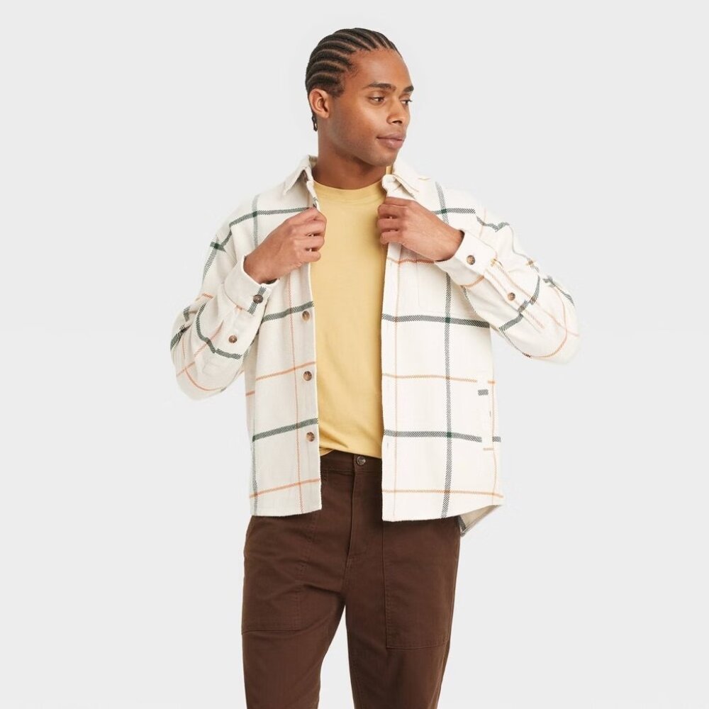 Goodfellow&Co Mens Large Heavyweight Flannel Long Sleeve Button Down Shirt Cream
